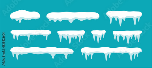 Snow ice vector winter frame effect frozen illustration. Icicle cold frozen frost ice snow cap set.