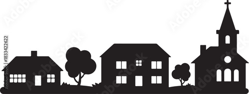 Black silhouettes showcase a serene street of houses, trees, and a church standing tall