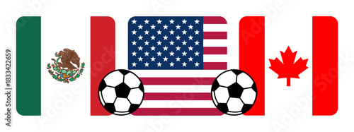 Vector illustration featuring the flags of Mexico, the United States, and Canada, and soccer balls symbolizing the host countries of a major world tournament in North America in 2026.
