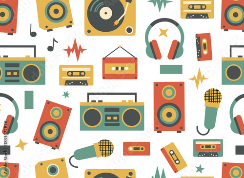 A seamless pattern featuring a retro analog music player, reel‑to‑reel and cassette recorder, turntable, headphones, microphone, and speaker on a white background; colored illustration for fabric