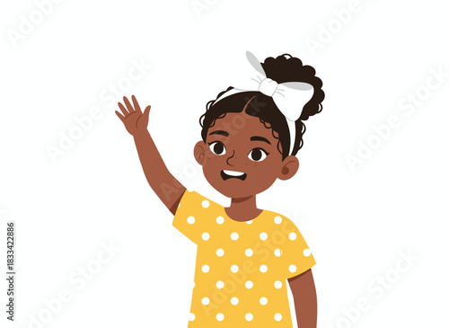 A black‑skinned girl greets someone with a hi gesture, while a little child waves and says hello, portrayed as a smiling African kid in a colored flat vector illustration set against a white