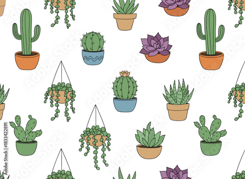 A continuous pattern featuring hand‑drawn succulents and cacti in pots, rendered in vibrant colors against a white backdrop