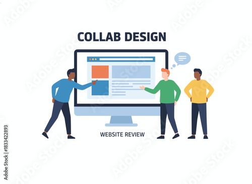A creative team follows a workflow: web designers and developers collaborate to build a website page with content, embodying teamwork in technology, illustrated by a flat vector isolated on a white