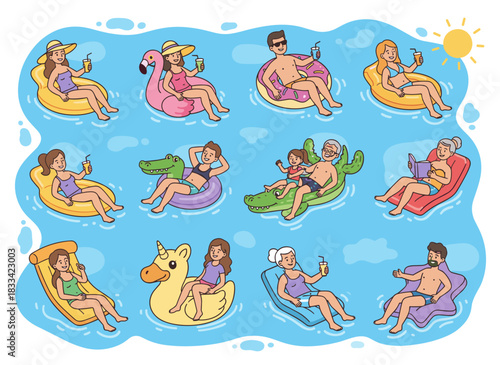 A group of people lounging on inflatable rubber rings in the sea or pool, depicted in a cartoon flat vector illustration featuring shapes of avocado, donut, unicorn, crab, banana, and watermelon
