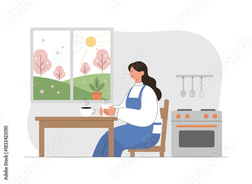 A woman sits in a snug kitchen of a hygge home, while a young girl enjoys tea in the morning; another person relaxes with a coffee cup at a dining table in a modern, cozy interior featuring plants