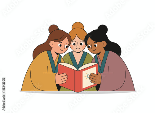 A senior mother and her adult daughters view a photo album filled with family photographs, an archive of memories evoking nostalgia, depicted as a flat vector illustration on a white background