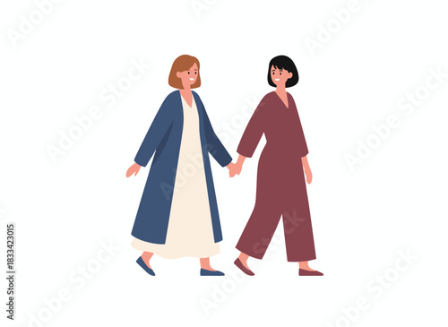 A flat vector illustration of a lesbian pair of young girls in love, showing an unconventional relationship and expressions of fondness, with two women holding hands as cartoon characters