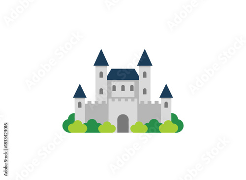 A beautiful medieval castle, fortress, citadel, or stronghold set against a white background, featuring the facade of a royal residence or ancient historic building, rendered in a colorful flat