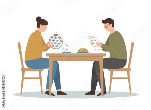Female friends chat while seated at a snug home table, engaging in knitting, drawing, and conversation during leisure time, depicted as a flat vector illustration on a white background