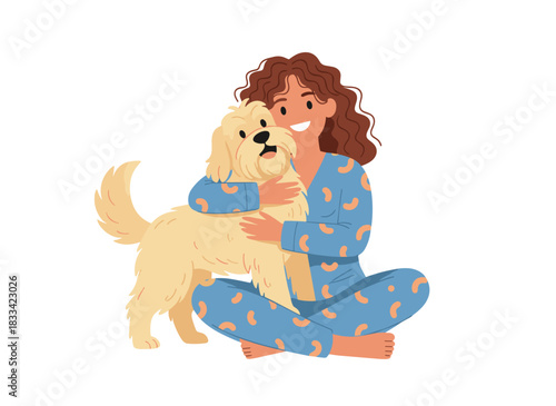 A happy pet owner enjoys her cute cat, a funny and lovely kitty, as she spends time with the adorable feline, affectionately caring for the kitten in a flat vector illustration set against a white