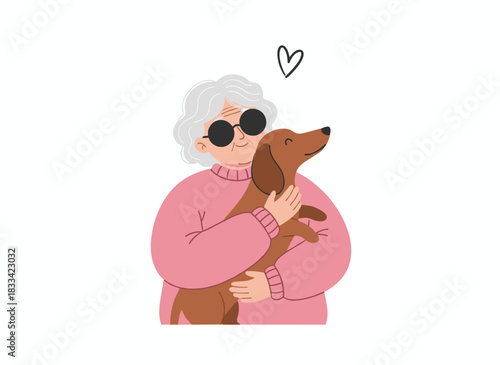 A colorful flat-style illustration of an elderly woman or lady holding and hugging her dachshund, depicting a beautiful cartoon character with affection for her pet