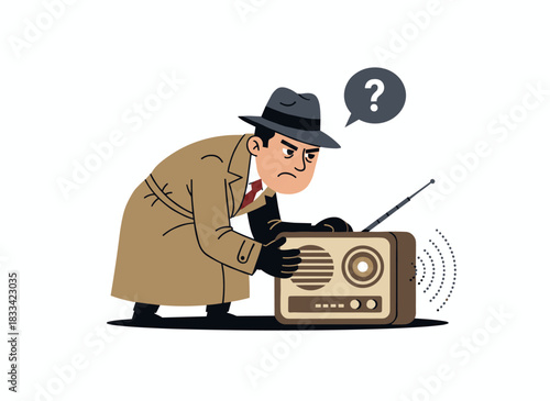 A humorous private detective, depicted on a white background, eavesdrops with spy gear; a mustached male cartoon secret agent solves crimes while holding a wiretap tool in a flat vector illustration