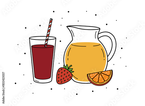 Chilled fruit and berry beverages, served in a jar and a glass of fresh smoothie, depicted in a vibrant square illustration against a green backdrop