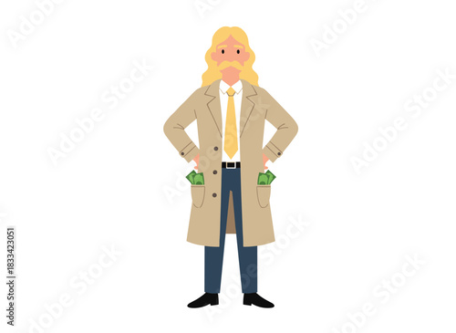A businessman in a suit stands with pockets full of money in a flat vector illustration, flaunting corruption by displaying wealth alone while the executive hides bribes or illegal payments in his