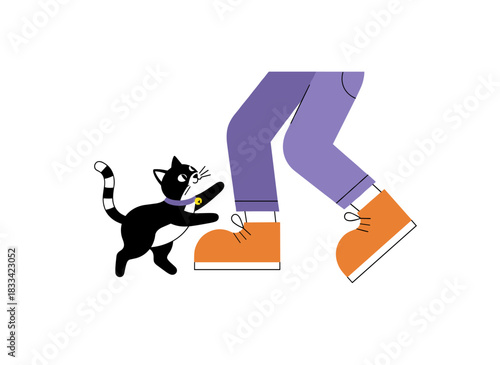 A cheerful cat gently rubs against its owner's legs, showcasing affectionate feline body language in a flat vector illustration set against a white background