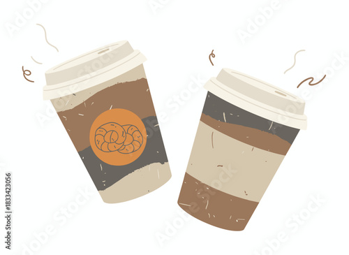 A flat vector illustration on a white background depicts takeaway coffee cups, two paper cardboard mugs for takeout, a pumpkin‑spiced latte, hot autumn morning drinks, and a fall cappuccino