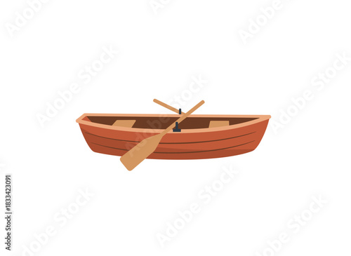 A wooden rowing boat with wooden paddles, a water vessel for oar-powered transport, a small leisure vehicle with seats, shown as a flat vector illustration on a white background