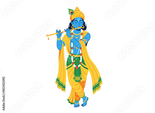 Krishna, celebrated on Janmashtami, is an Indian deity of love who plays the flute, a prominent figure in ancient Indian mythology, depicted in a flat vector illustration on a white background