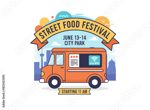 Template for a flyer, invitation, or poster featuring a van or caterer with a designated text area, designed for a street food festival advertisement and summer outdoor event promotion, illustrated