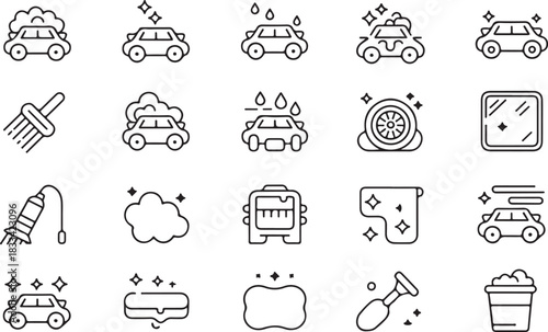 Collection displays car washing icons with soap, water drops, sponge, and shining elements against transparent backdrop