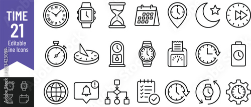 Time management icon set featuring clocks, timers, calendars, reminders, scheduling symbols, and productivity graphics in clean, modern editable line style.