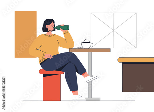 Cartoon illustration of a young male character perched on a bar stool, sipping beer from a bottle, depicted as an alcoholic or drunk, isolated on a white background in a flat, colorful vector style
