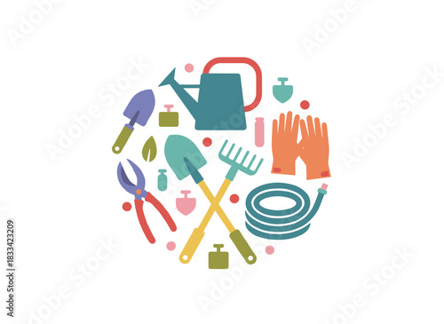 A set of gardening tools displayed against a white background, comprising equipment for farming, plant cultivation, and garden work, illustrated in a colorful flat vector style