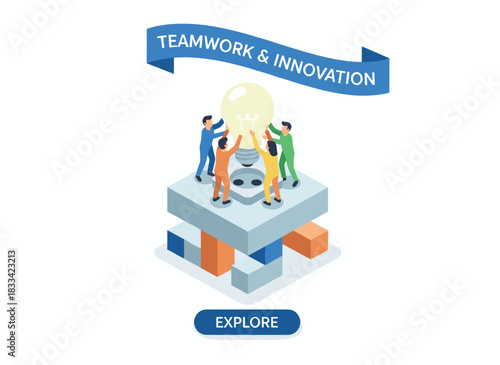 A web page template featuring a group of people installing a giant lightbulb into a fixture, with space for text; it showcases teamwork or collective effort in a colorful isometric vector