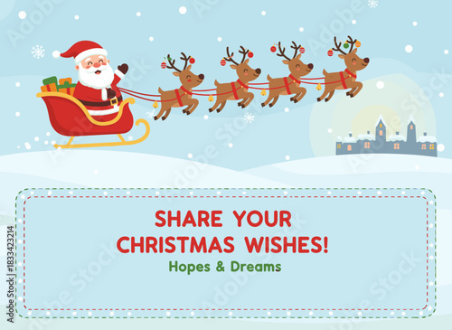 Template for a Dear Santa letter featuring a Christmas mail wishlist design, a winter holiday blank paper background with an Xmas frame, a seasonal greeting message, wish list lines, a sample, and a