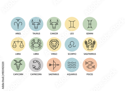 A collection of western zodiac symbols, each depicted in line art within a circular frame and set against a white background