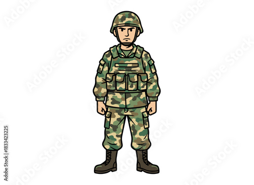 A male cartoon soldier in army camouflage uniform, depicted as a footman or infantryman, standing alone on a white background in a colorful flat vector illustration