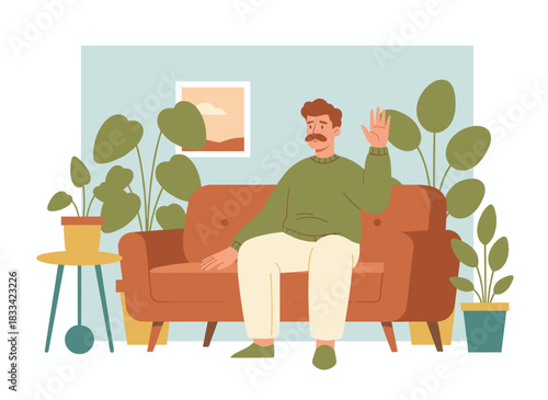 A smiling, mustached man waves and says hello, greeting someone in a friendly portrait, depicted as a flat vector illustration on a white background