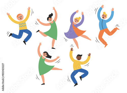 A vibrant group of men and women joyfully dancing and celebrating at a discotheque, depicted in a flat vector illustration against a white background