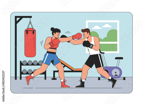 A woman trains in a gym with a coach holding a pad while she punches it with a gloved fist, illustrating a female fighter's workout