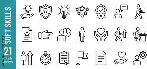 Soft skills icon set featuring communication, leadership, teamwork, personal growth, motivation, empathy, and professional development symbols in clean line style.