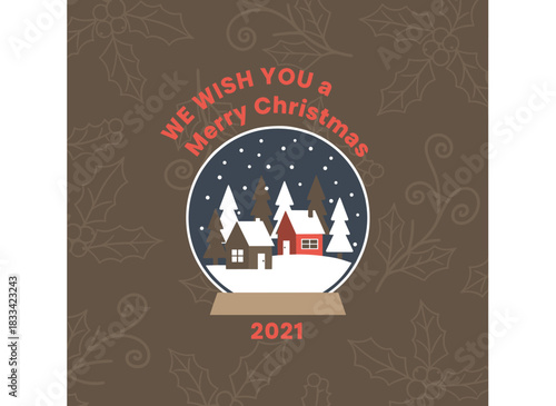 A winter holiday greeting card featuring a glass snow globe with snug houses inside, a charming postcard with a Christmas souvenir and festive lettering, rendered as a flat cartoon vector