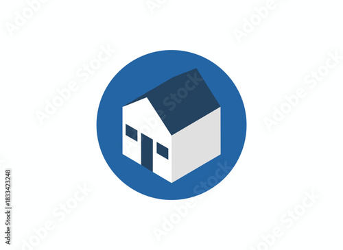 A circular icon of a smart home, depicting a residential building as a real estate symbol, featuring a country cottage and household elements, all rendered as a flat vector illustration on a white