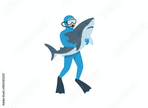 A shark assaults a scuba diver in the ocean, posing underwater danger during diving and swimming; an emergency involving a large aquatic predator, depicted as a flat vector illustration on a white