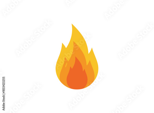 A flat vector illustration of a burning, blazing fire icon, featuring a hot flame symbol and a heat danger and caution sign, presented as an abstract simple campfire pictogram with a flammable