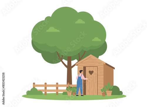 A rustic wooden cabin with an outdoor toilet, a person heading to a countryside outhouse latrine, depicted as a wooden lavatory outside a country building in a flat vector illustration on a white