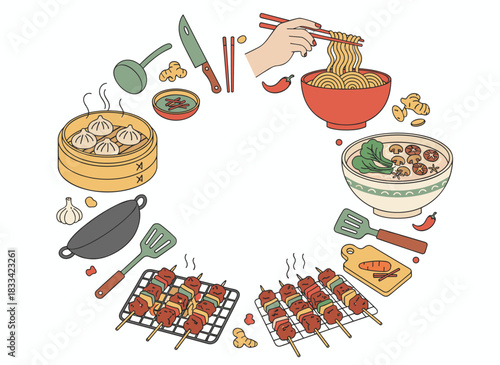A festive vegetarian spread on a table, illustrated in hand‑drawn contour style from a top view, with a background space reserved for text