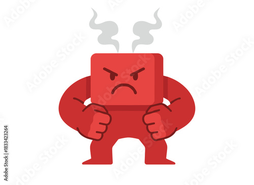 A furious, angry character with an aggressive, mad, fierce expression, a red figure in rage, irritation, and tension, an irritated man with a bad temper, shown as a flat vector illustration on a