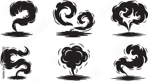 Collection of six distinct smoke or dust cloud symbols on a white background