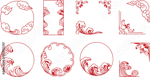 Crimson ornamental frames, corner pieces and wave borders convey Asianinspired designs on a transparent backdrop