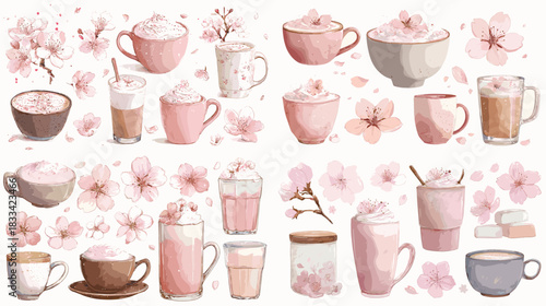Soft watercolor illustration of coffee and tea cups with whipped cream, blossoms, and pastel tones. Perfect for cozy cafe themes, packaging, wallpaper, greeting cards, and feminine designs.