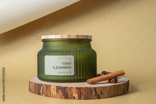 Green soy candle in a ribbed glass jar with a wooden lid sits on a rustic wooden slice.
