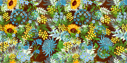 Rich seamless floral pattern with sunflowers and other flowers. Hand drawn. Not AI, vector illustration.