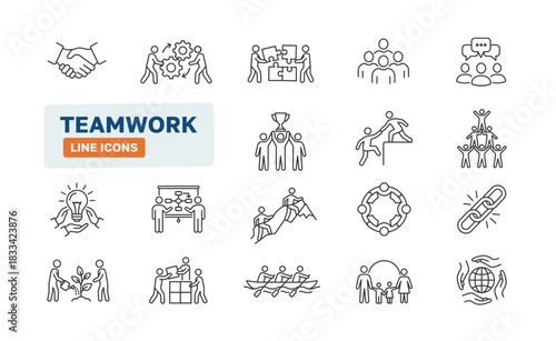 Teamwork line icon set. Business team work communication people support discussion. Cooperation community conversation.
