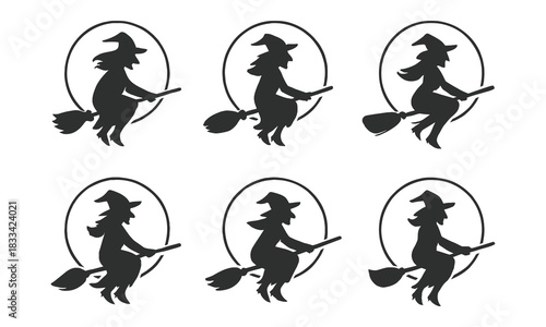 Witch flying on broomstick silhouette vector illustration for halloween design isolated on white background