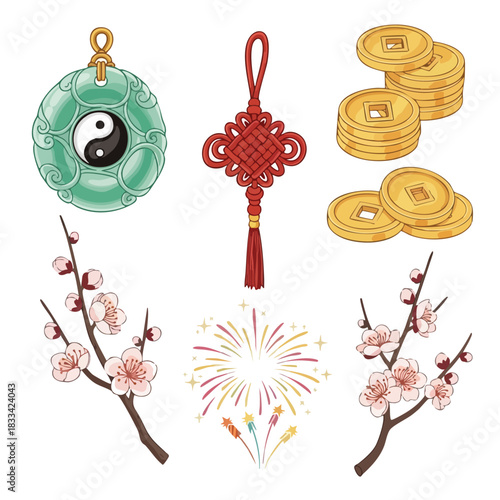 A colorful illustration of Chinese New Year icon pack featuring a yin yang pendant, red tassel decoration, gold coins, cherry blossom branches, and firework sparks on a white background.